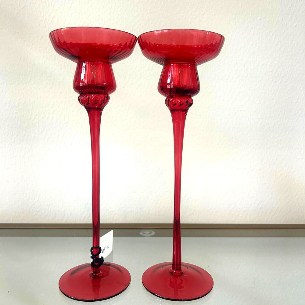 Artisan Handblown Glass Taper Candle Holder 11" Holiday Red Set of 2 NEW